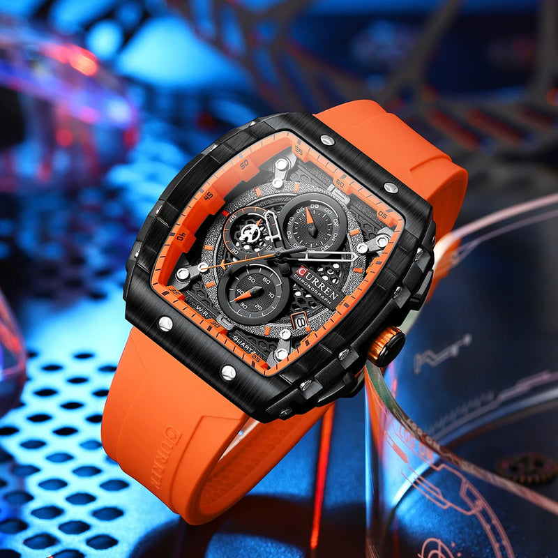 Relógio Masculino CURREN Fashion com Mostrador Quadrado e Pulseira de Silicone