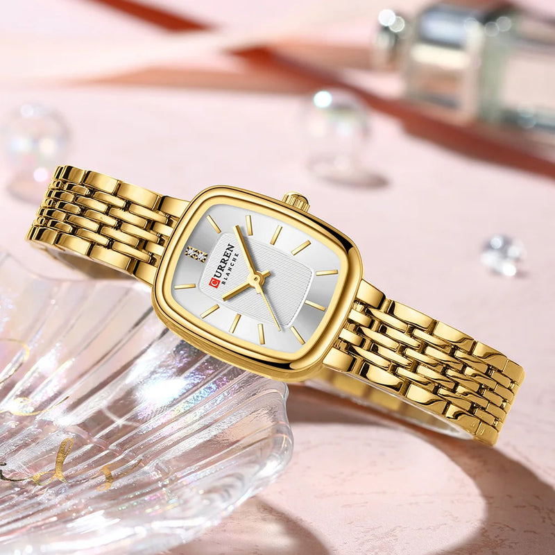 Relógio Feminino CURREN – Luxo e Elegância com Mostrador Dourado Retangular