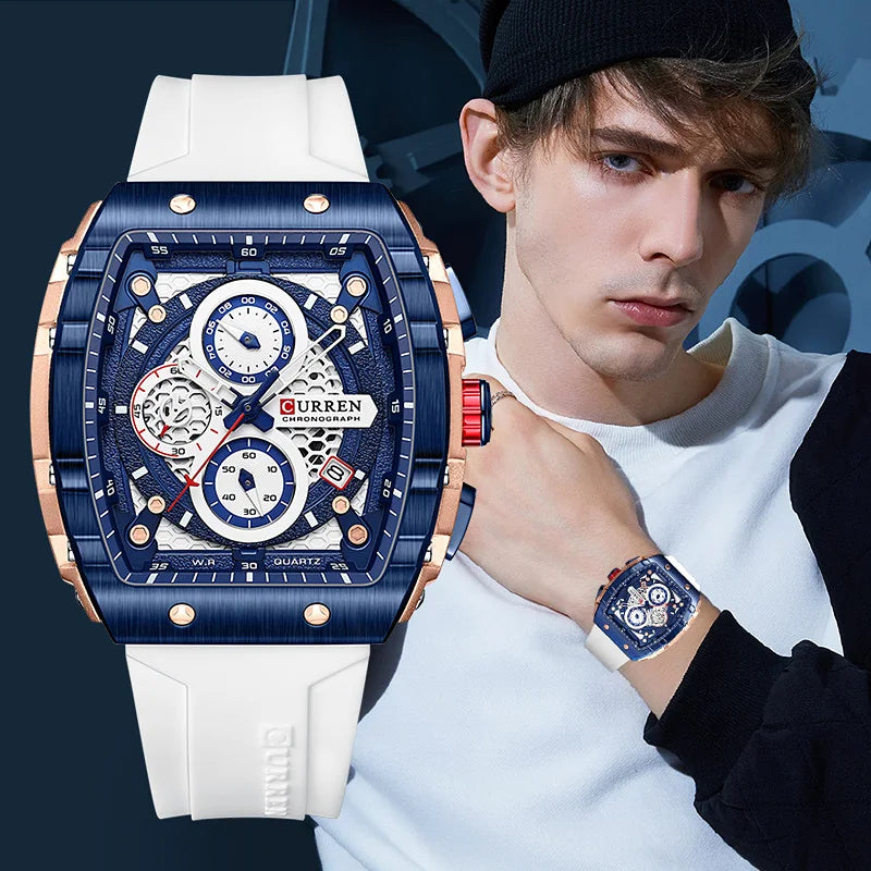 Relógio Masculino CURREN Fashion com Mostrador Quadrado e Pulseira de Silicone