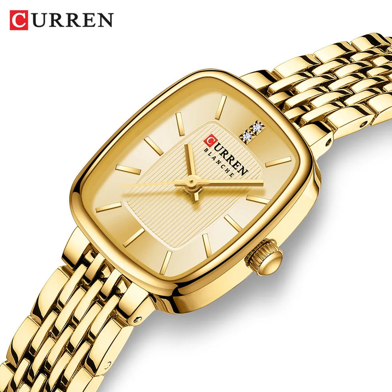 Relógio Feminino CURREN – Luxo e Elegância com Mostrador Dourado Retangular