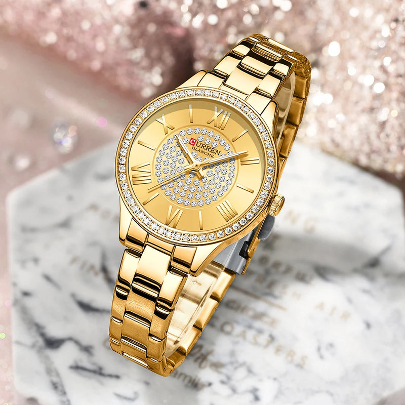 Relógio Feminino CURREN 2022 – Luxo e Sofisticação com Pulseira de Aço Inoxidável Dourado