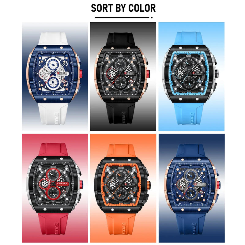 Relógio Masculino CURREN Fashion com Mostrador Quadrado e Pulseira de Silicone