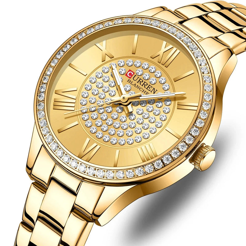 Relógio Feminino CURREN 2022 – Luxo e Sofisticação com Pulseira de Aço Inoxidável Dourado