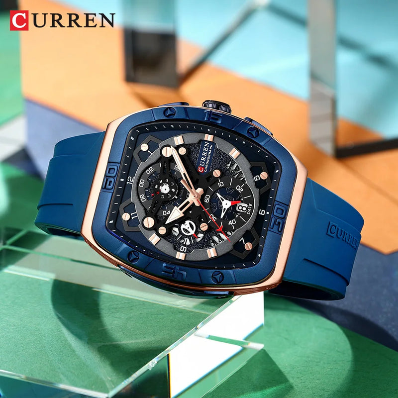 Relógio Masculino CURREN – Tonneau Único com Mostrador Grande e Pulseira de Silicone